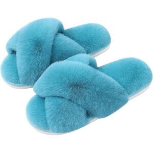 Women's Fuzzy Slippers Cross Band Turquoise Memory Foam House Slippers Open Toe
